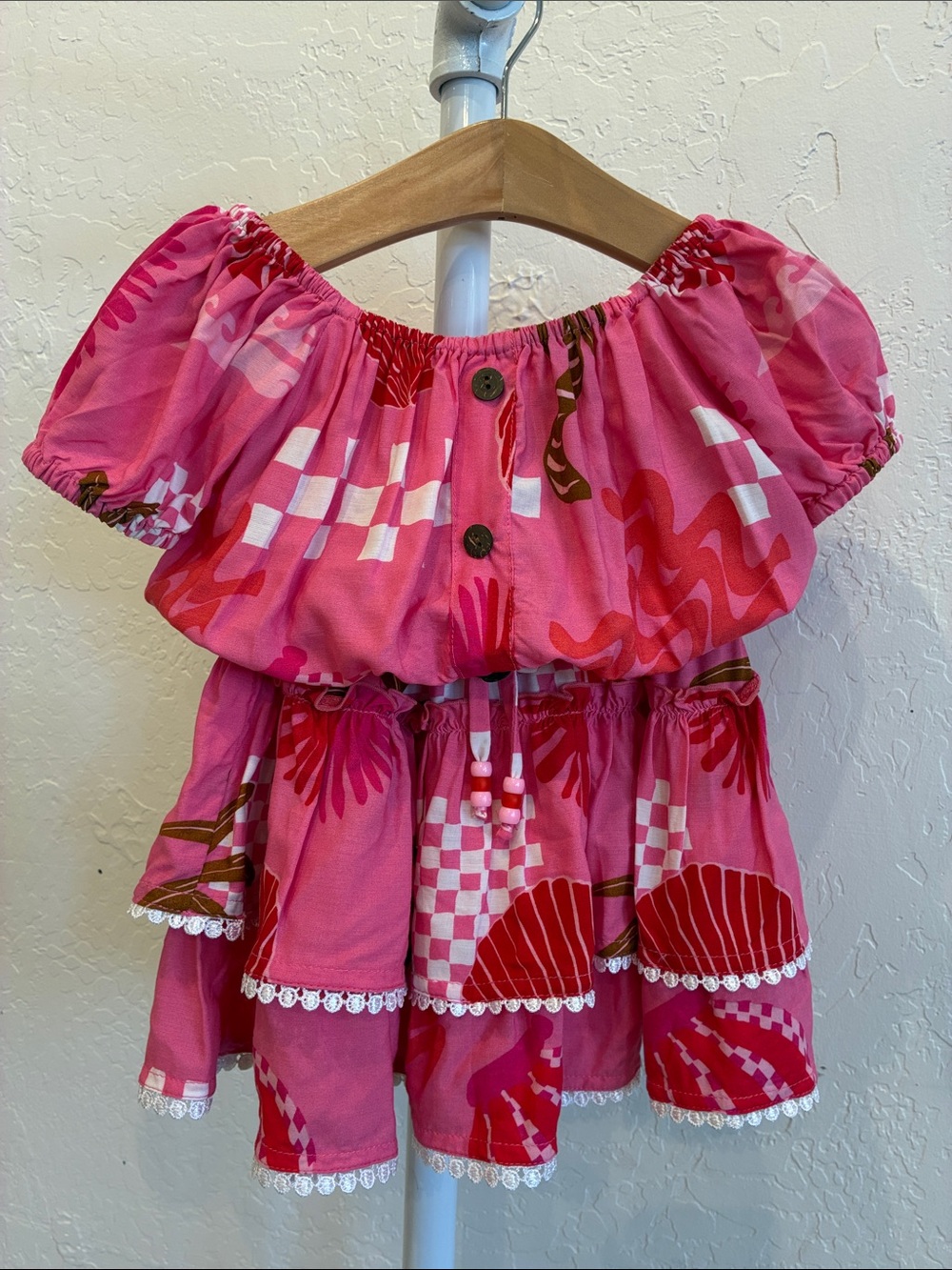 Girls Pink Off-Shoulder Floral Tiered Matching Set